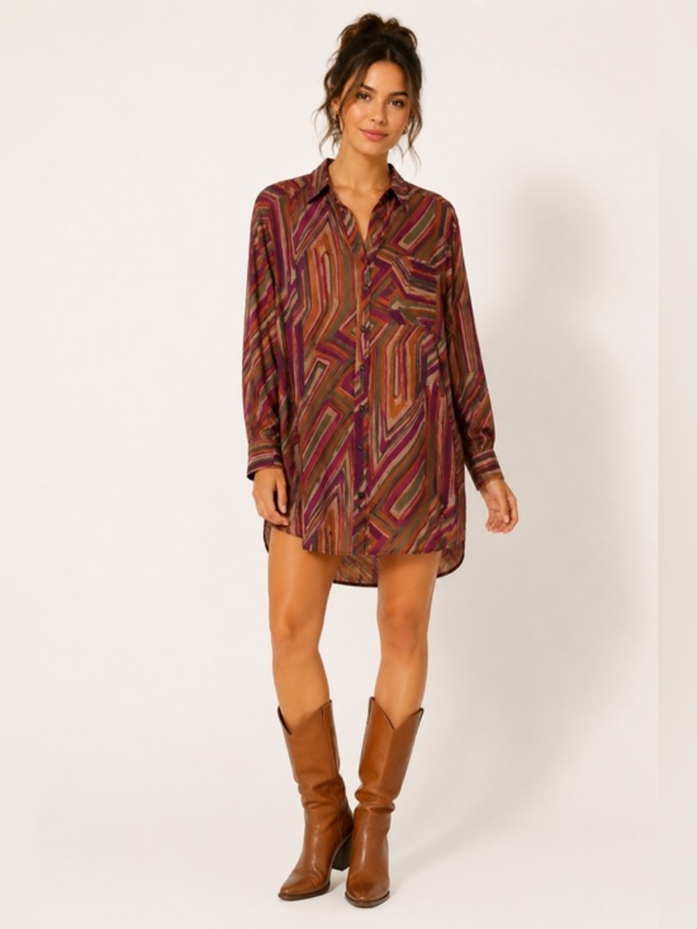 Dress Forum Oversized Boho Geometric Button Down Tunic Blouse Medium